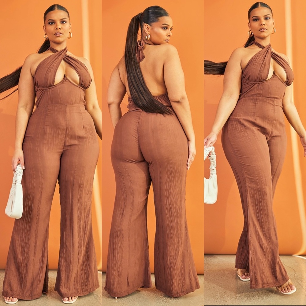 Plus chocolate plisse cross front jumpsuit